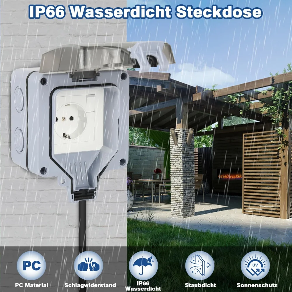 EIOMR EU Standard IP66 Waterproof Single Socket 16A with Switch,110-250V for Outdoor Garden/Parking Use,Applies To Germany Spain