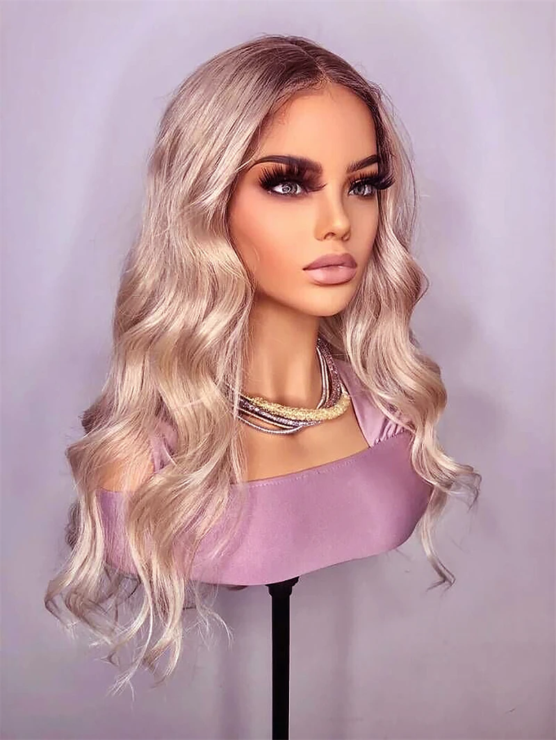 Ash Blonde Human Hair Wigs Brown Roots Colored 360 Lace Frontal Wig Natural Wavy Transparent Lace preplucked human wig