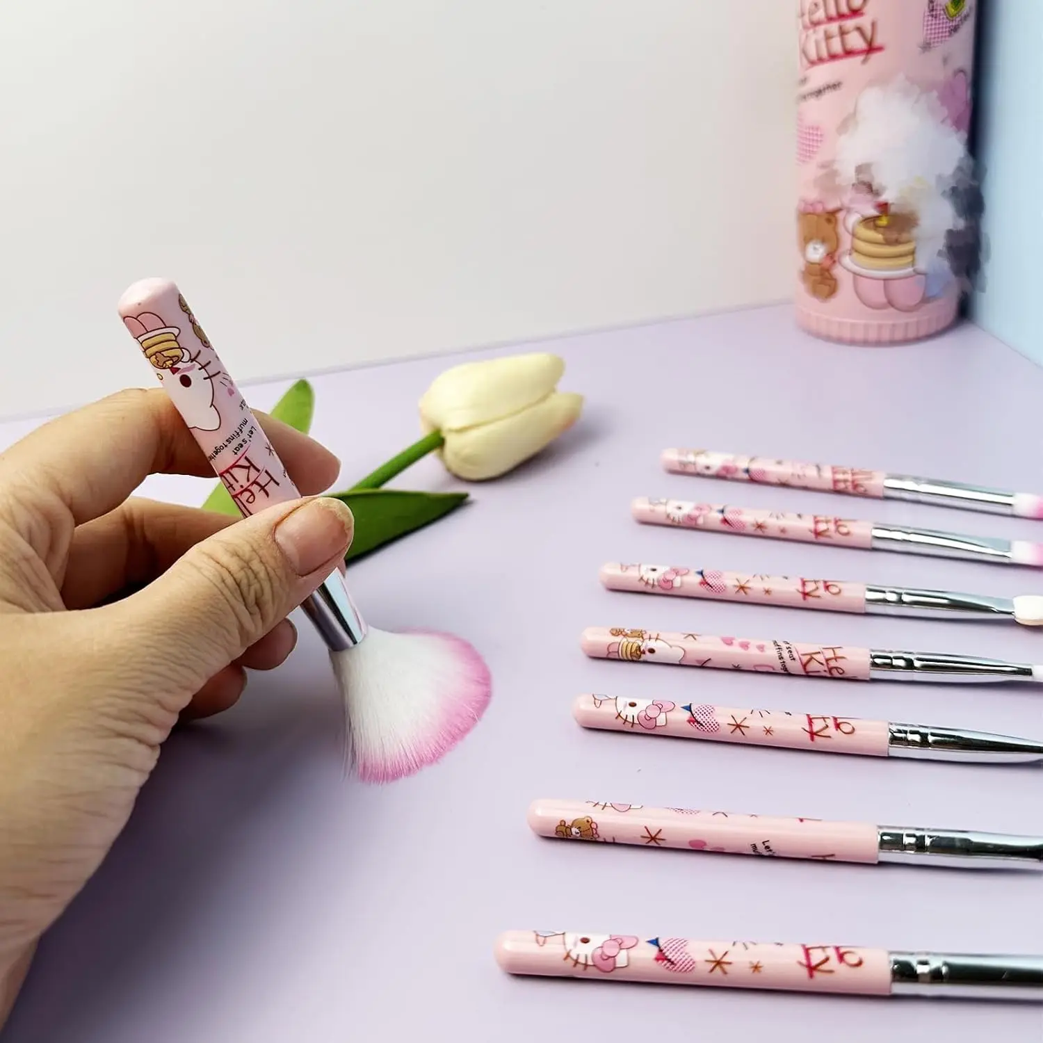 Kawaii 8-delige make-upborstel met opbergemmer en hoofdband, cosmetische make-upborstelset Professionele gereedschapsset Borstelset Beste Gi