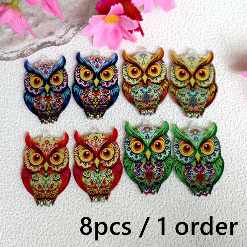 8pcs Cartoon Colorful Owl Double-sided Acrylic Pendant Bohemian Creative Charm DIY Necklace Bracelet Earring Keychain Bag Dangle - Image 3