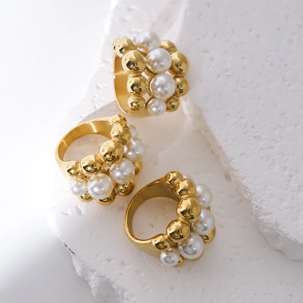 May@RZ Large Gold Plated Spherical Imitation Pearl Ring Stainless Steel Women\'s Personality Ring Exaggerated Jewelry Waterproof
