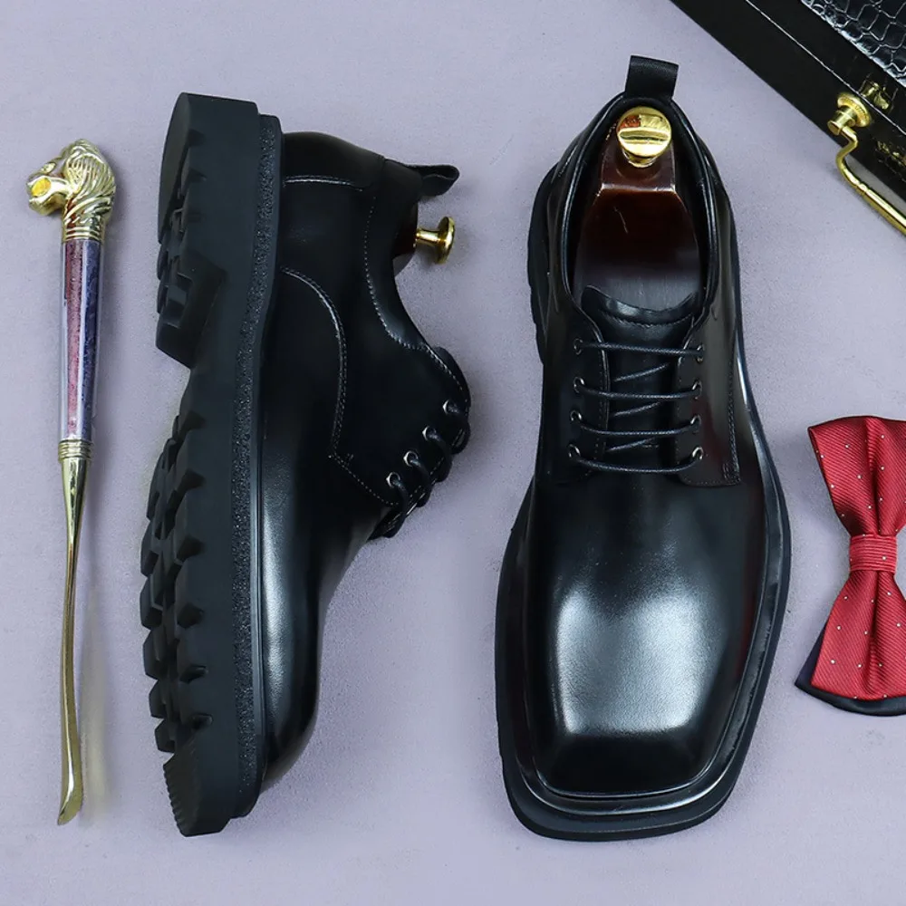 Trouwschoenen voor heren |   Echt leer met vierkante neus, Britse stijl, ademende formele casual leren schoenen met dikke zolen