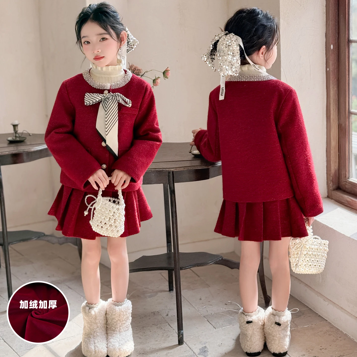 

Французский дизайн14, юбка для девочек-подростков, костюм, красный жемчужный воротник, толстое бархатное пальто + плиссированная юбка, комплект одежды из 2 предметов для младших детей, детская одежда