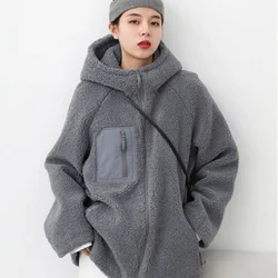 Hooded Fleece Lamb Wool Jacket Women's Winter New Mid-length Loose Warm Cardigan Sweater Outdoor Hiking Fitness Running Coat