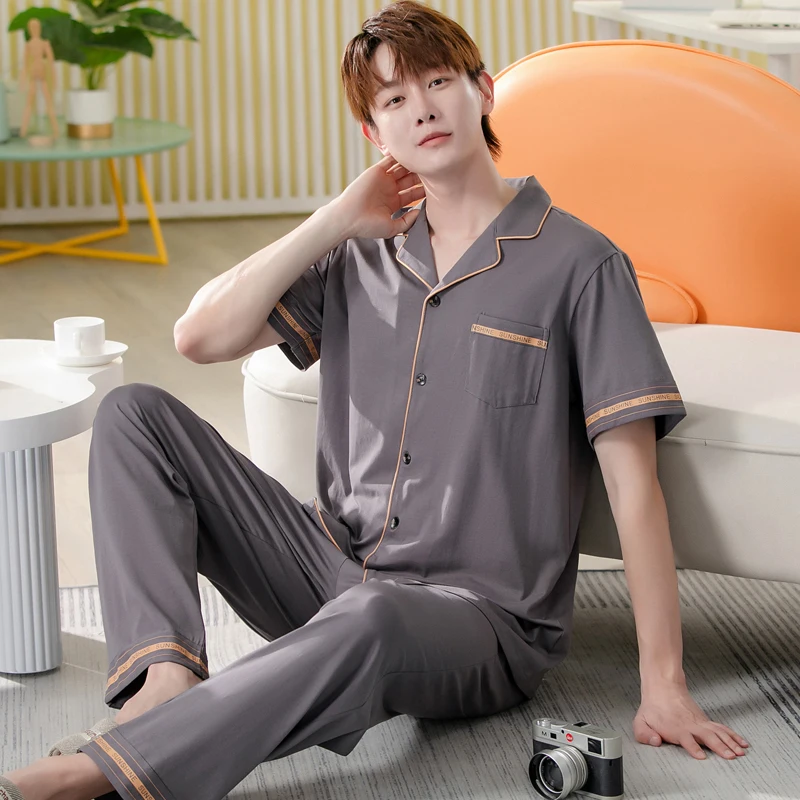 

Men's Two-Piece Pajamas Summer New Cotton Men's Pajamas Short-Sleeved Trouser Student Teenage Homewear Cardigan Sleepwear 5XL