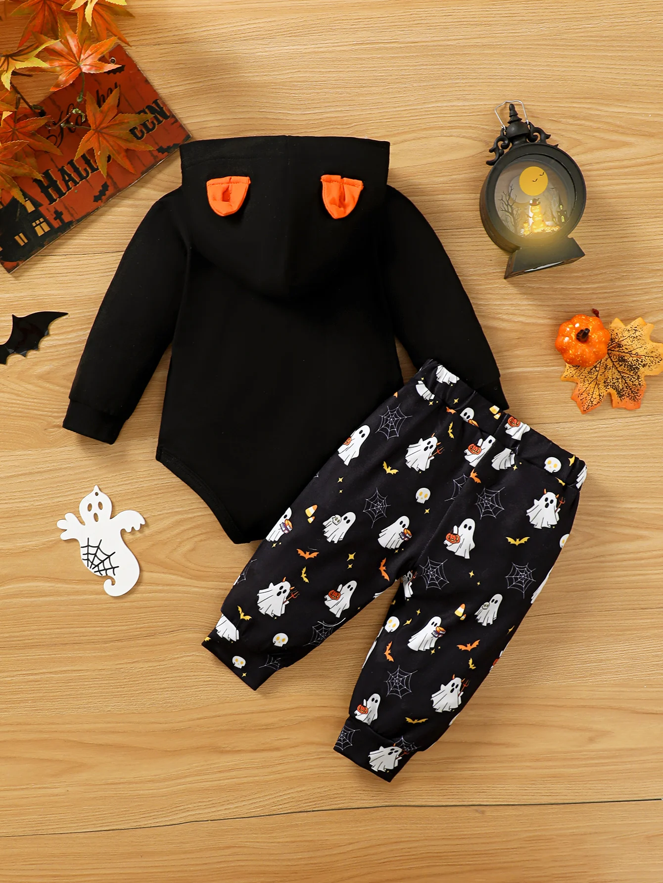 2Pcs Baby Boy Girl Halloween Outfit Hooded Ear Romper + Ghost  Pants Set For 0-12 MonthsToddler Fall Halloween Costume Clothes