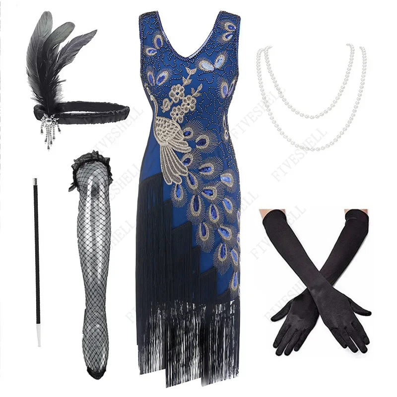 1920s gaun Fashion wanita berpayet merak, gaun Flapper berjumbai Gatsby Vintage gaun pesta Roaring 20s