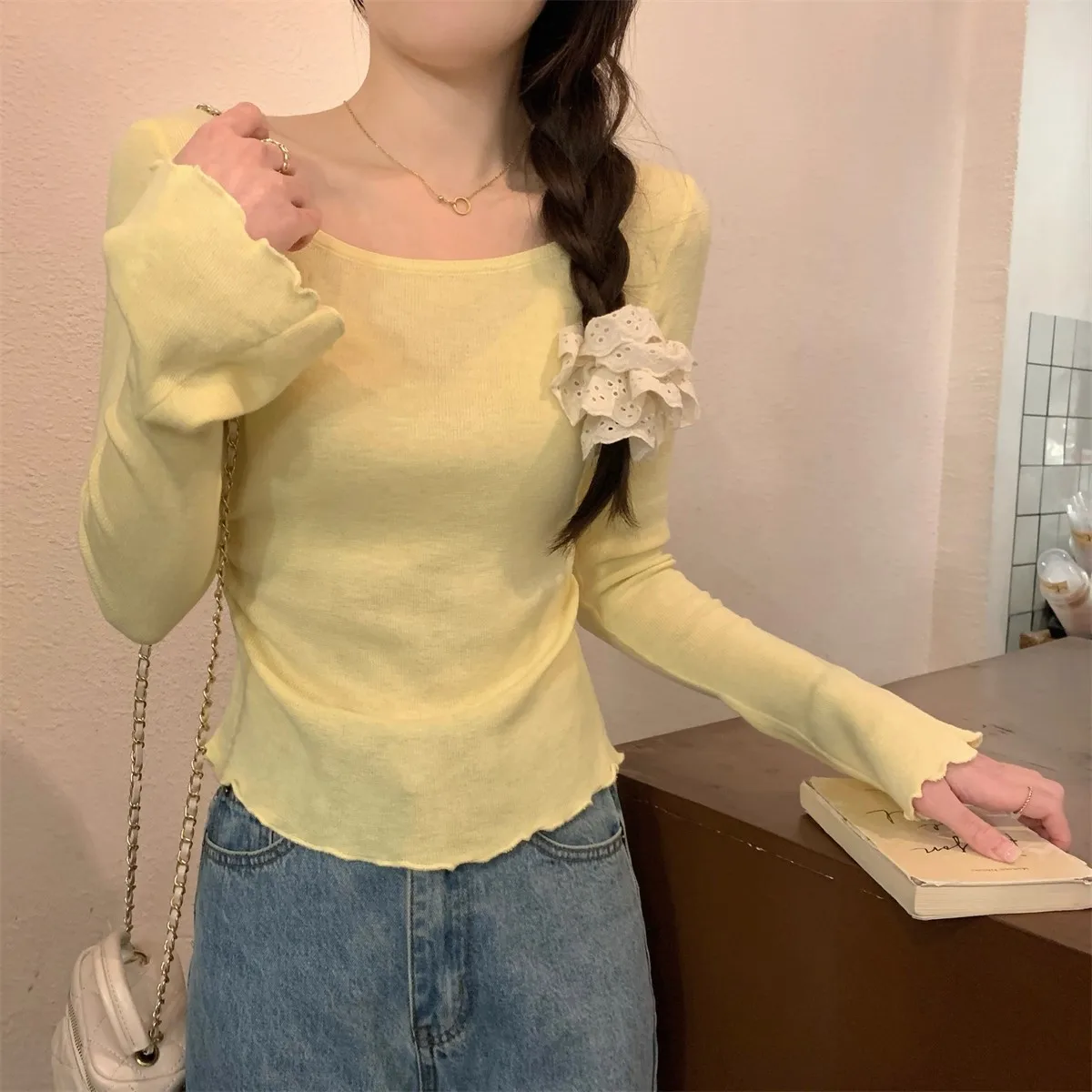 2026 Fairy Style Minimalist Women Early Autumn Knitted Base Shirt Ruffle Edge Bell Sleeve Slim Fit Pleated Low Collar Top Sweet
