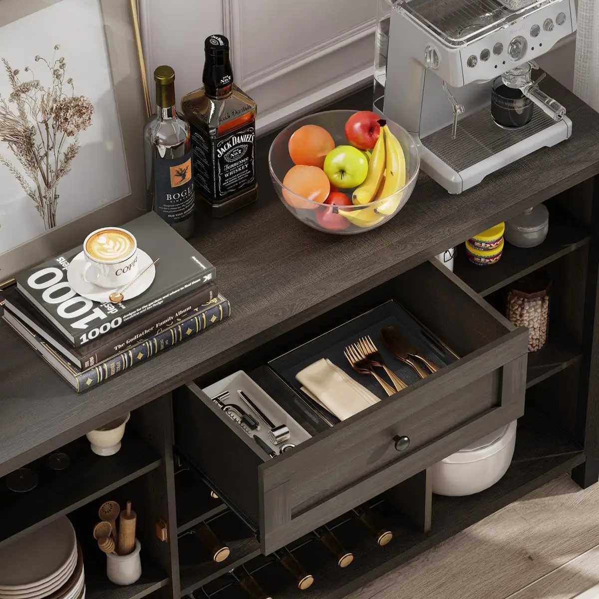 Muebles para vino, mueble Buffet con almacenamiento, mueble de almacenamiento Industrial con cajón, mueble de cocina de granja con estante para vino rústico