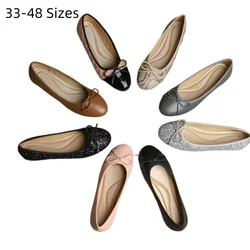 Women Patchwork Ballet Flats Leather Soft Working Shoes Snug Insole Bow-Knot Spring Slip-on Round Toe Wide Fits Moccasins 33-48