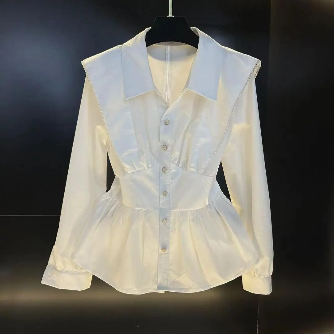 Autumn women's 2026 French design sense new long-sleeved splicing top thin lotus leaf shirt waist bead shirt