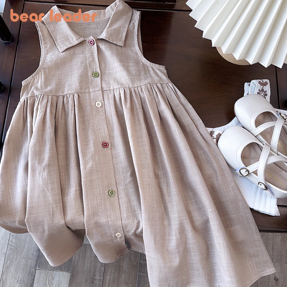 Bear Leader New Solid Baby Girl Dress Cotton Button Kids Dresses Summer Princess Party Dress Toddler Girls Sundress Kids Clothes