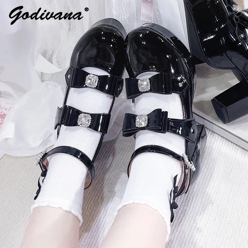 

Japanese Style Mary Jane Shoes Mass-Produced Rhinestone Bow Leather High Heels Mine Elegant Ladies Lolita Shoes Pumps