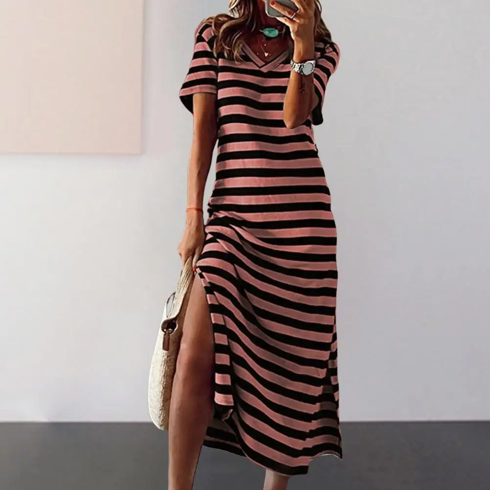 

Striped Dress Elegant V Neck Summer Midi Dress with Side Split Striped Print for Women Slim Fit Office Lady Dress for Spring