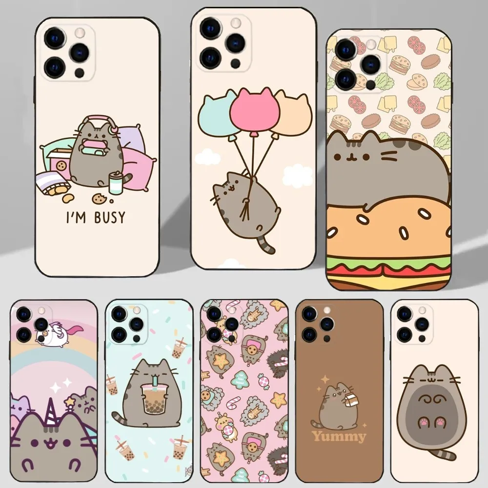 Cute  Cartoon P-Pusheen Cat Phone Case For iPhone 16,15,14,13,12,11 Plus,Pro Max,XS,X,XR,SE,Mini,8,7 Soft Silicone Black Cover