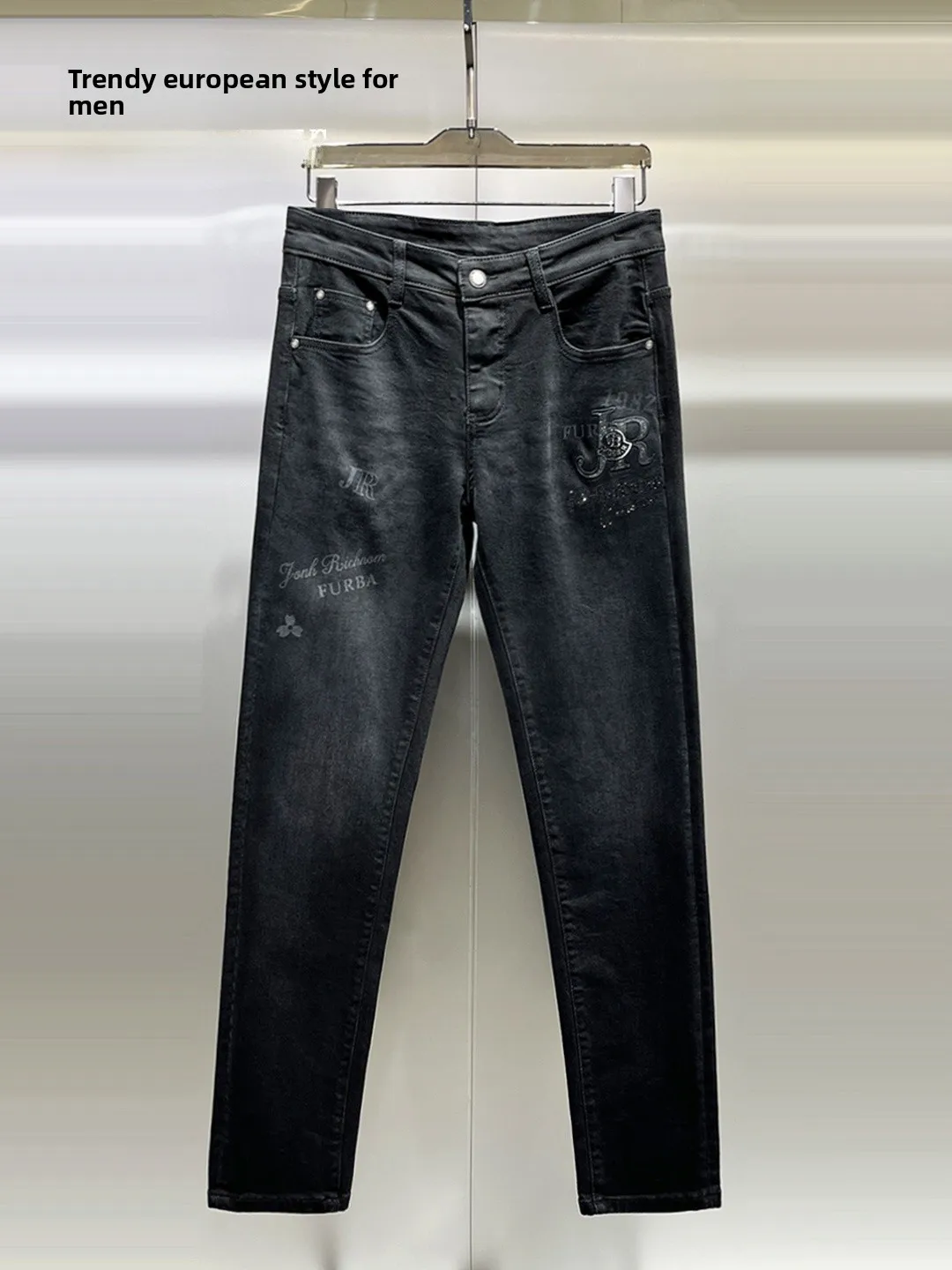 

Ele Embroidered Rhinestone Printed Slim Fit Men's Jeans Casual High Waist Denim Pants Youthful Faion Autumn New Arrival