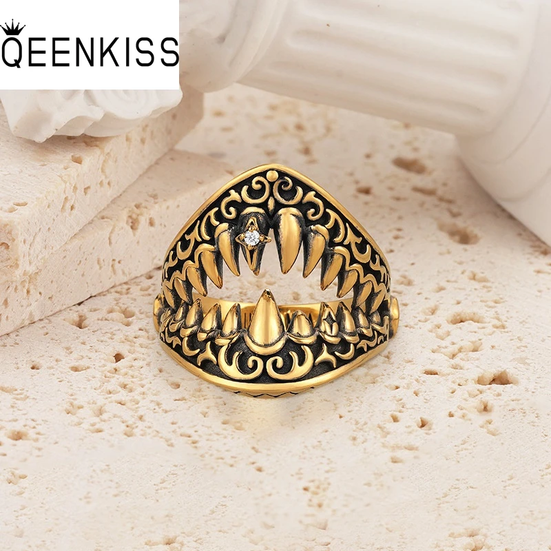 

QEENKISS Vintage Gold Megalodon Rings for Women Men Birthday Wedding Party Christmas Father Mother Girl Boyfriend Gifts RG7050