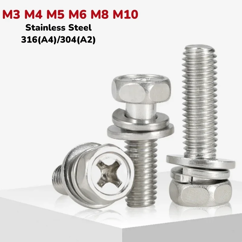 

M3 M4 M5 M6 M8 M10 Stainless Steel Phillips External Hex Hexagon Head SEM Screw CrossFlat Washer Spring Gasket Assemble Bolt