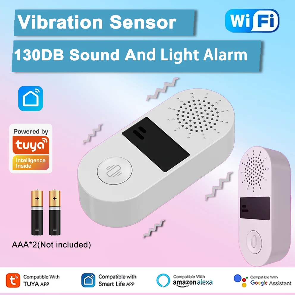 เซ็นเซอร์สั่นสะเทือน Tuya WiFi - สัญญาณเตือนเสียงและไฟกระพริบ 130 เดซิเบล, ตรวจจับแรงกระแทกแบบเรียลไทม์, แอป Smart Life + ควบคุมด้วย Alexa/Google Home