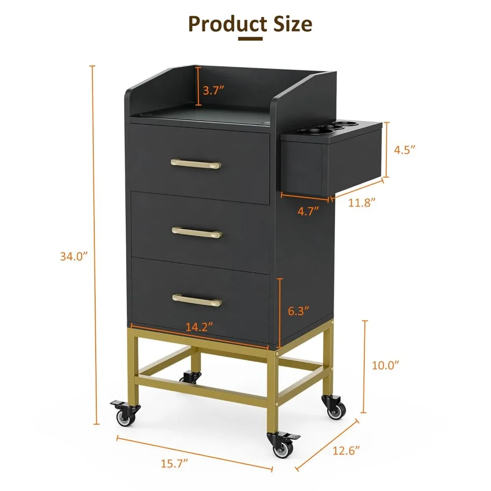 Beauty Salon Storage Trolley Cart, Glass Top Hair Salon Stations Cabinet for Stylist Equipment with Lockable Rolling Wheel