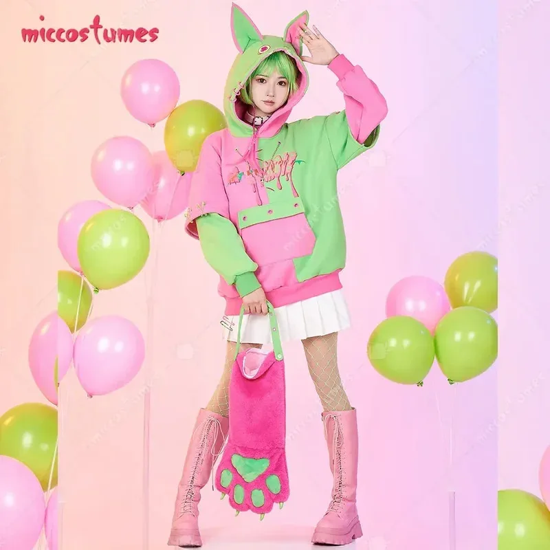 

25COSMiccostumes Women Pullover Hoodie with Detachable Bag Furry Paw Design Gloves Green Pink Hoodie