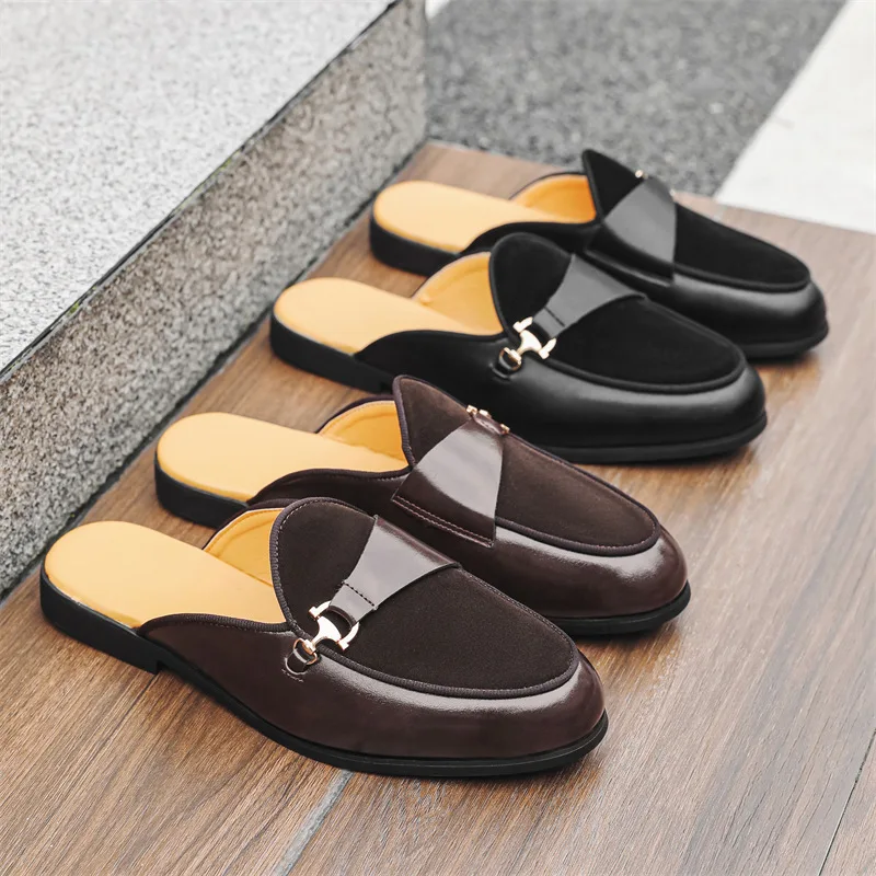 New Men Half Slippers Driving Brogues Shoes Male Belt Buckle Casual Mules Moccasins Breathable Penny Loafers Zapatos Hombre