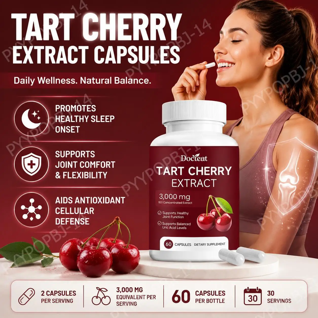 Docteat Tart Cherry Extract Capsules Supports Balanced Uric Acid Levels and Post-Exercise Recovery Comfort, 10:1, 60 Capsules