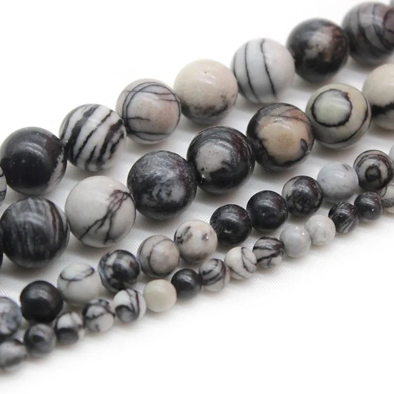 Pierres naturelles noires à rayures réseau, perles rondes, amples, pour la fabrication de bijoux, Bracelet, collier, DIY, 4 6 8 10mm