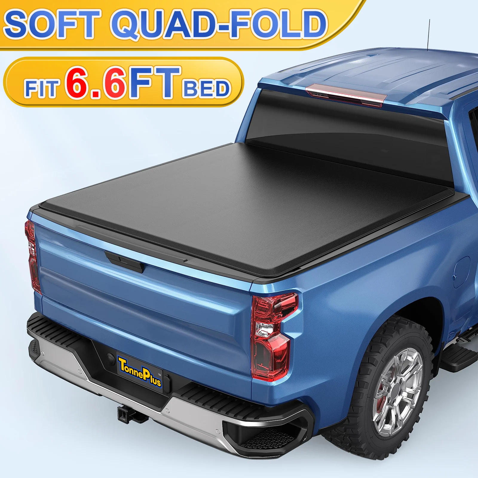 TonnePlus Soft Quad-Fold Tonneau Cover Truck Bed Covers for 2007-2024 Silverado / Sierra 1500 & 2007-2019 2500 3500 HD 6.6FT Bed