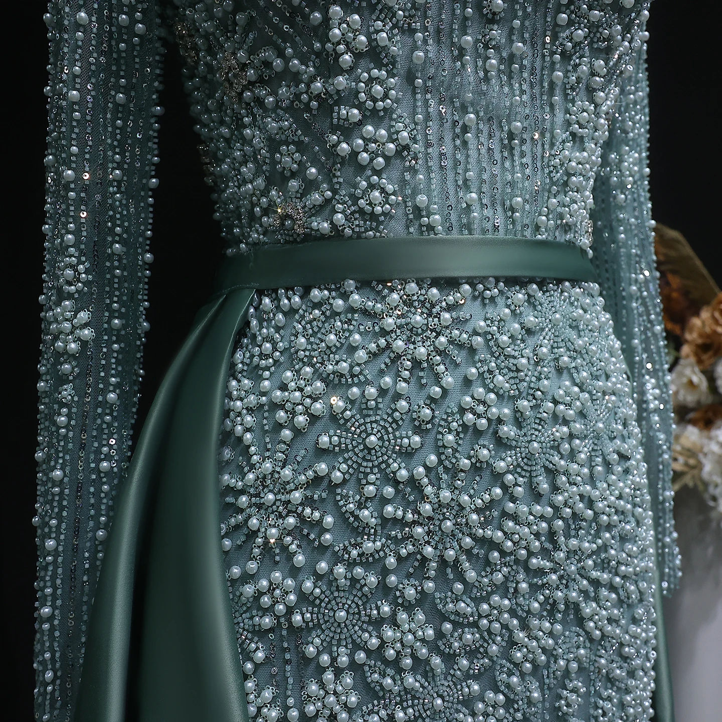 Sharon Said Champagner Meerjungfrauen-Abendkleid mit langen Ärmeln, Überrock, Perlenbesatz, Arabian Nights Ballkleid, formelles Kleid SS119, maßgeschneidert – Detail 10