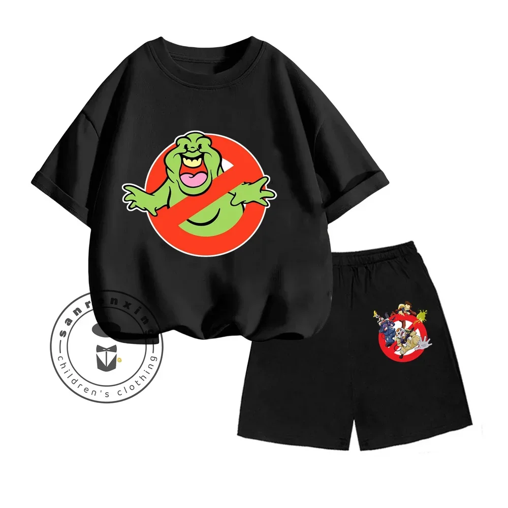 

Uniquely Ghostbusters Cute Animated Cartoon Character Print Design O-neck Short Sleeve and Shorts Summer Children Two-piece Set