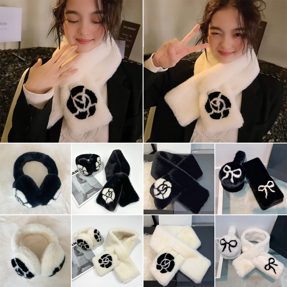 

Fashion Camellia Ear Muffs Collar Shawl Neck Warmer Thicken Warm Earmuffs Keep Warm Plush Plush Fur Scarf Women