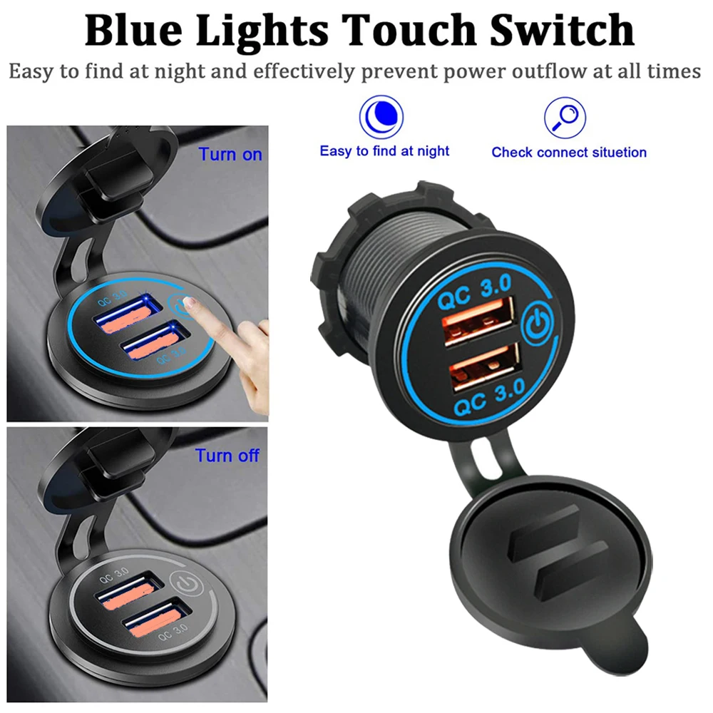 2022 New Quick Charge QC3.0 Dual USB Car Charger Cigarette Lighter Socket Waterproof 12V/24V  Fast Charger With Touch Switch