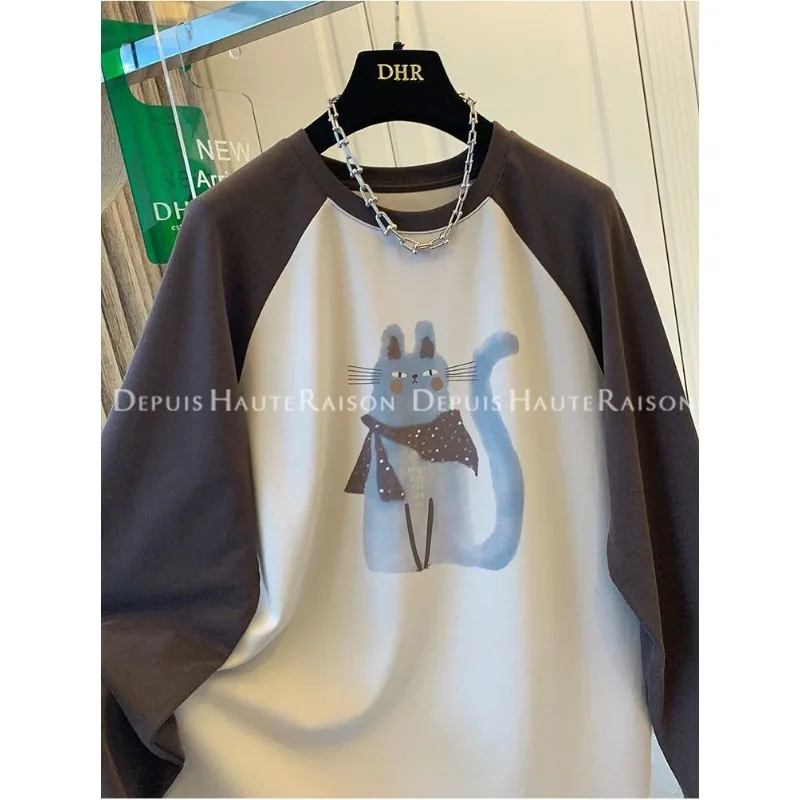 American Retro Brushed Thick Bottoming Shirt for Age-reducing Cat Print Long-sleeved T-shirt Loose Top