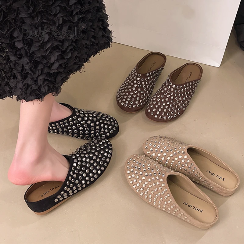 

Luxury Crystal Covered Mule Shoes Woman Closed Toe Bling Rhinestone Slides Ladies Brand Design Low Heel Outdoor Party Slippers