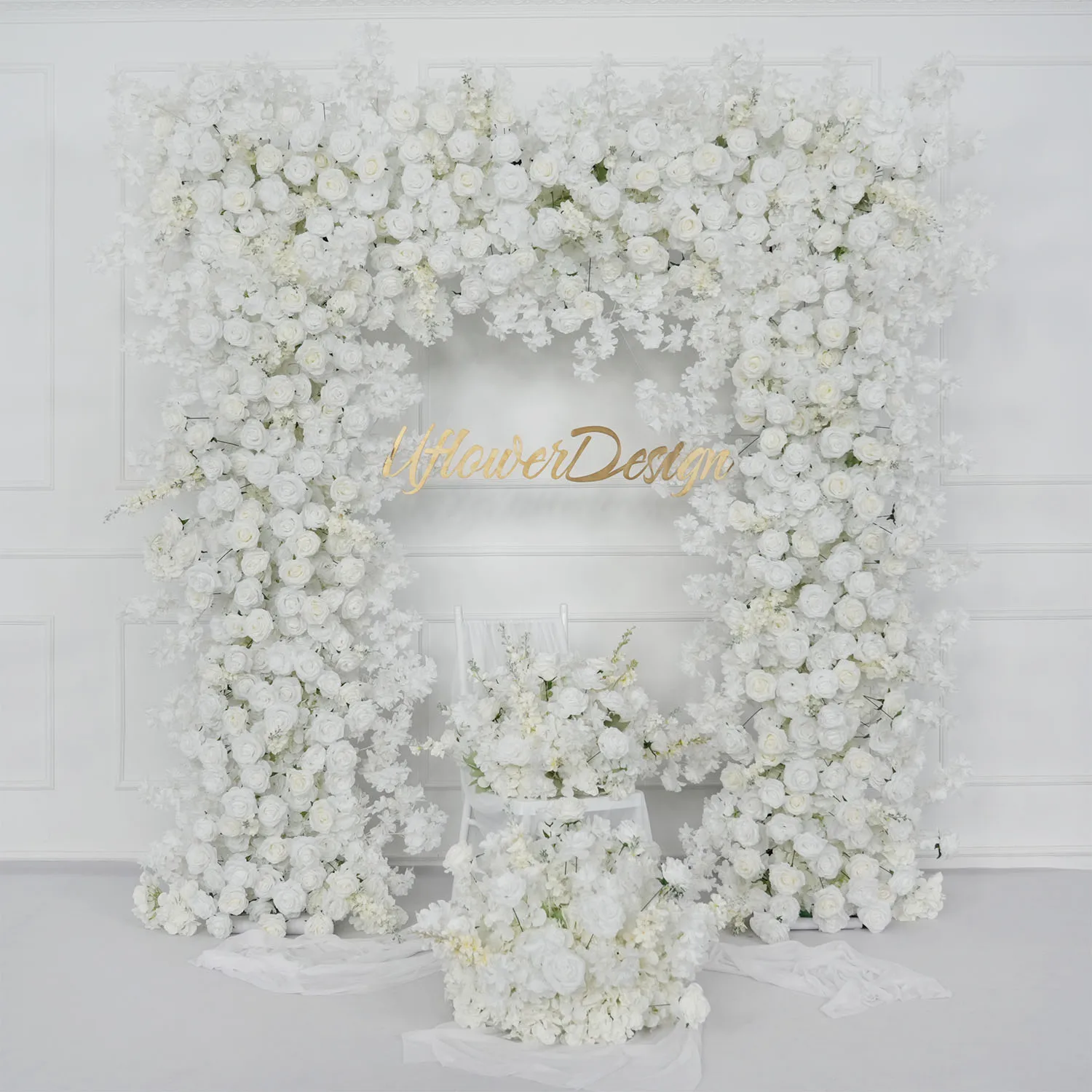 

Uflower White Rose Cherry Blossom Flower Row Wedding Backdrop Arch Square Deco Table Centerpiece Floral Event Props