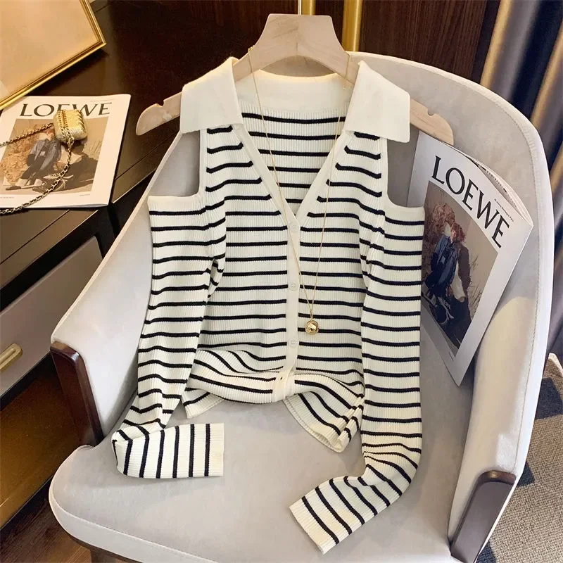 Women Clothes Spring Autumn Fashion Simplicity Trend Button V-neck Knitting Ladies All-match Appear Thin Off Shoulder Long Sleev