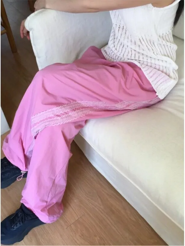 Summer Girls Pink Lace Trim Drawstring Nylon Casual Straight Leg Trousers Cute Sports Loose Long Pants Leisure Street Style