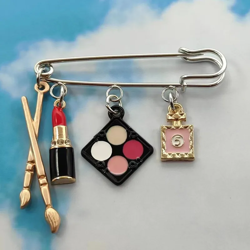 Metal enamel cosmetics brooch eye shadow lipstick perfume key ring makeup pen pin women DIY handmade jewelry gift