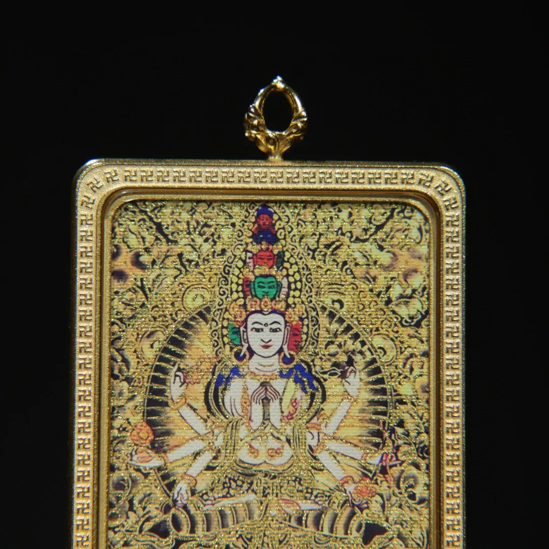 Tibetan amulet copper frame painted thousand hands Tara Guanyin statue thangka pendant square necklace pendant jewelry 6.8 cm