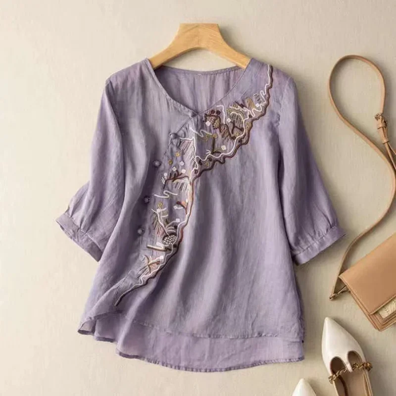 NOVEDAD DE VERANO 2024, camisas para mujer, camisas informales holgadas con bordado de lino y algodón, camisas para mujer, Top fino holgado Retro de estilo étnico