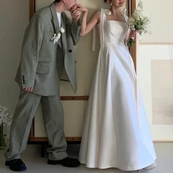 Vestido De Novia con tirantes finos, traje De satén con cuello cuadrado, longitud hasta el suelo, Estilo Vintage, Simple y dulce