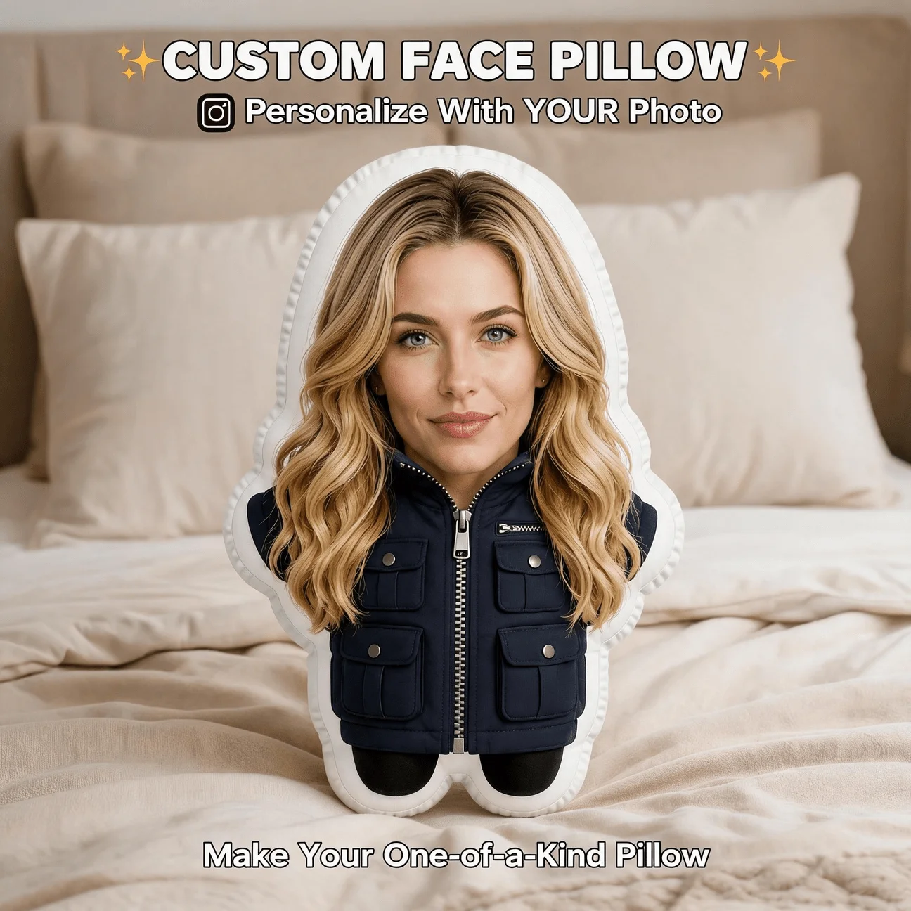 Customized personalized photo cheek pillows, navy jackets, blonde women's customized decorative cushions, unique home decor embe