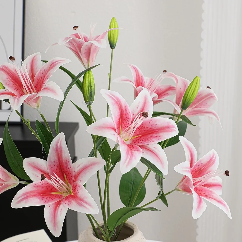 New 2-head Artificial Lily Flowers White Pink Fake Lily Branches Real Touch Multi-Bloom Artificial Faux Plants Indoor Decoration