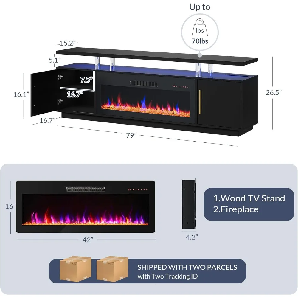 79" TV Stand for TVs up to 85", LED Light Entertainment Center with 42" Electric Fireplace Heater, Storage Cabinet with USB AC