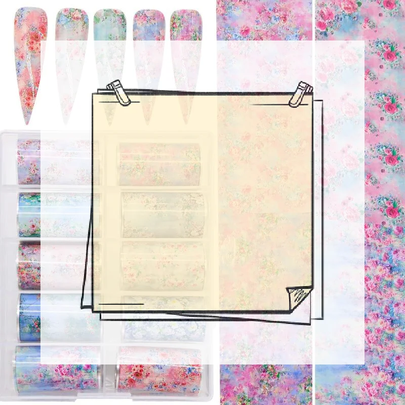 

10Rolls Mixed Nail Art Foils Transfer Sticker Set Rose Flower Designs Floral Starry Sky Nail Wraps Wedding Summer Manicure Decor