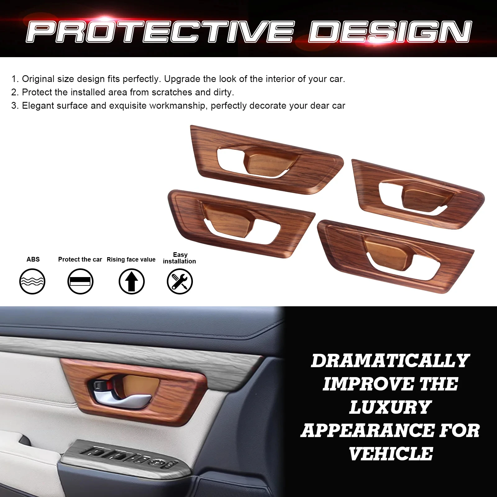 4pcs Peach Wood Grain Interior Door Handle Bowl Panel Cover Frame Decoration Trim For Honda CRV 2017 2018 2019 2020 2021 2022