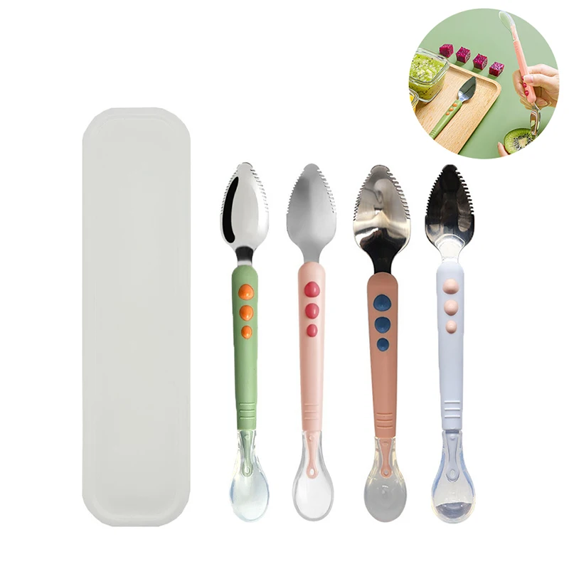 Fruit Scraping Mud Spoon Feeding Spoon Stainless Steel Silicone Double Headed Fruit Complementary Food Children's Tableware