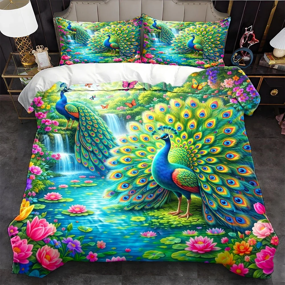 3-Piece Peacock Garden Waterfall Floral Bedding Set, 1 Duvet Cover + 2 Pillowcases, Suitable for All Seasons, Machine Washable, with Invisible Zipper, Large Bedspread for Home, Dormitory, Master Bedroom, and Guest Room Use