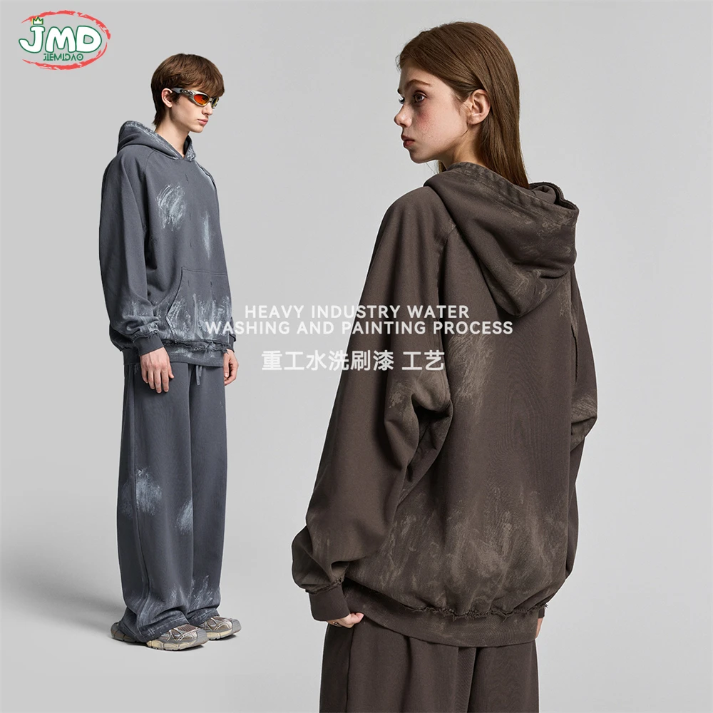 JMD Retro 2026 Autumn Men Painting Washed Hoodie Unisex 420gsm Ripped Distressed Hooded Pullovers Winter Coat QH0096